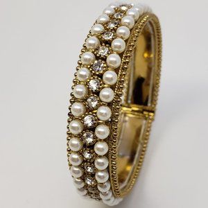 Faux Pearl and CZ Statement Bracelet with Screw Opening/Closure